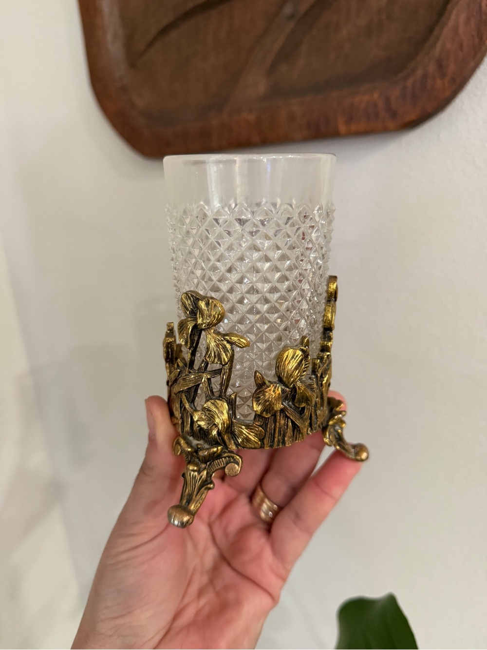 Vintage Godinger Brass Iris Glass Vase Holder Footed Floral Ornate Decor